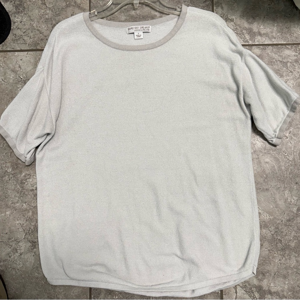 Barefoot Dreams Cozy Chic Ulta Lite short sleeve sweater Top Sz S Light Gray
